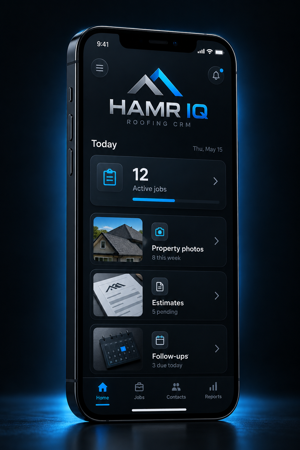 Concept preview of the HAMR IQ roofing dashboard on an iPhone